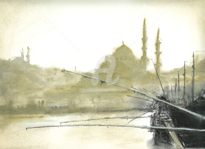 Painting titled "Fishing in Old Ista…" by Husnu Konuk, Original Artwork, Other