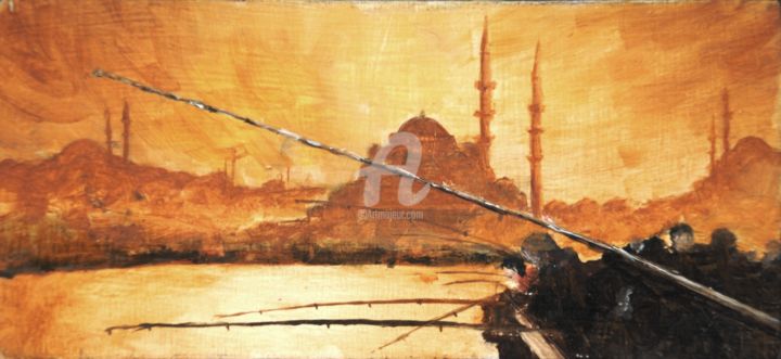 Painting titled "Dusky Istanbul" by Husnu Konuk, Original Artwork, Oil