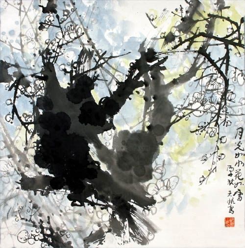 Peinture intitulée "月光如水花如雪" par Tian Fan Hu, Œuvre d'art originale