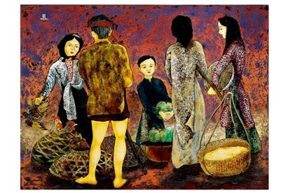 Pittura intitolato "Evening market" da Huy Hoan Nguyen, Opera d'arte originale