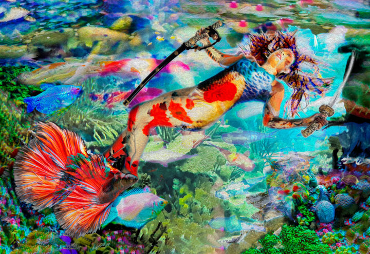 Malerei mit dem Titel "Mermaid Ningyo" von Henrique Vieira Filho, Original-Kunstwerk, Tinte