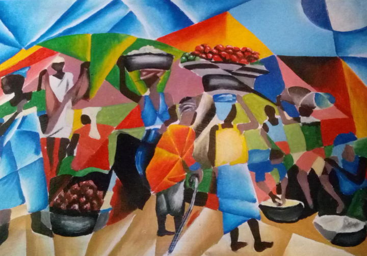 Painting titled "Marché" by Oshupart, Original Artwork, Oil