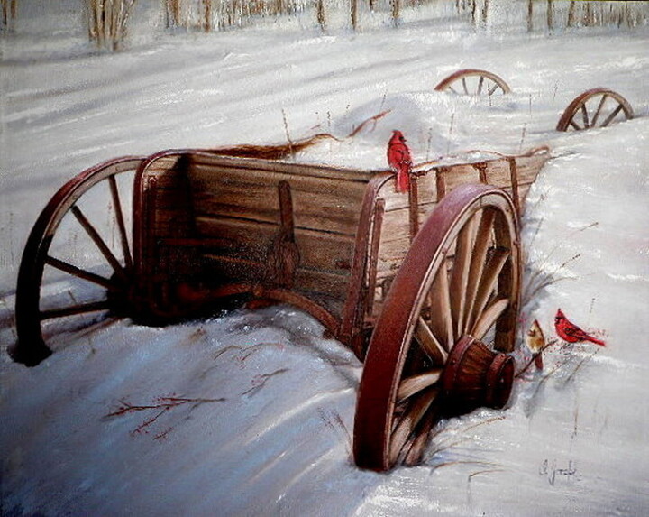 Schilderij getiteld "Cardinals on Wagon" door I. Joseph, Origineel Kunstwerk, Olie