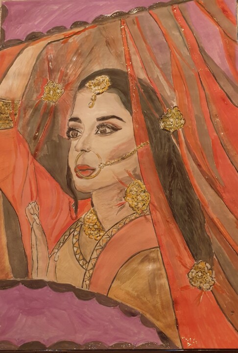 Disegno intitolato "India Bride" da I Khan, Opera d'arte originale, Acquarello