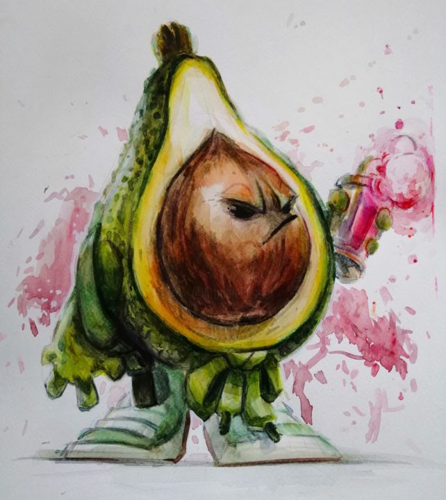 Painting titled "Avocado Crew" by Ivan Kriachko, Original Artwork, Watercolor