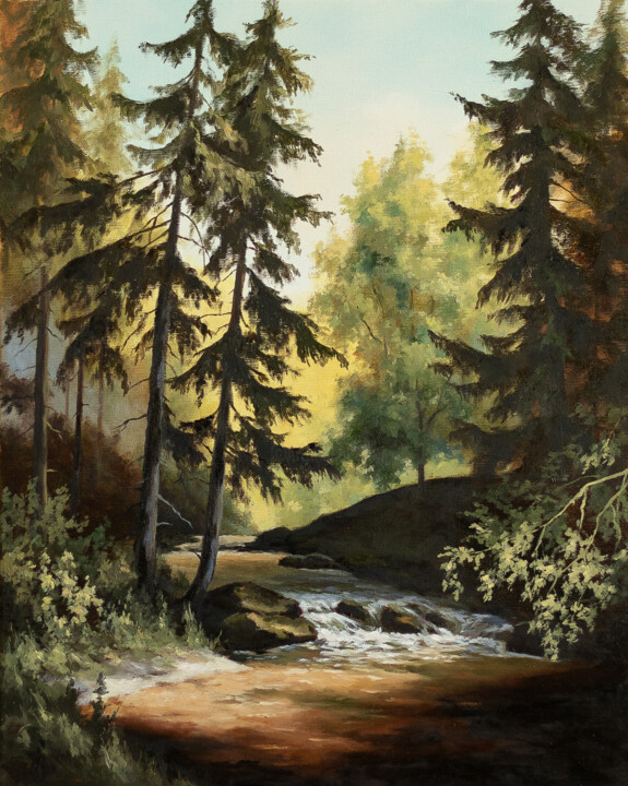 Painting titled "River in the forest" by Igor Makeev, Original Artwork, Oil