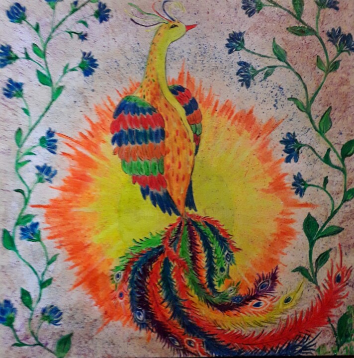 Dessin intitulée "Oiseau de feu" par Iakim, Œuvre d'art originale, Acrylique Monté sur Châssis en bois