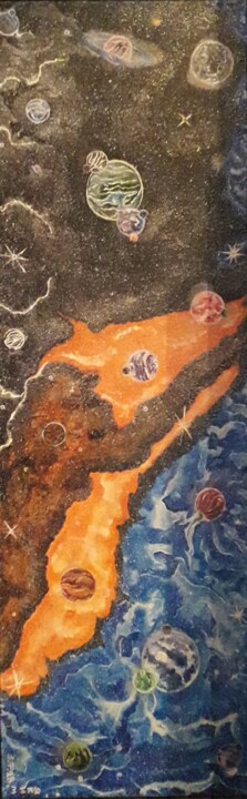 Drawing titled "les galaxie orange" by Iakim, Original Artwork, Acrylic Mounted on Wood Stretcher frame
