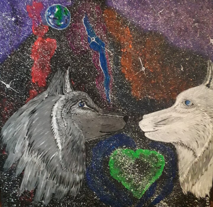 Drawing titled "Couple de Loups gri…" by Iakim, Original Artwork, Acrylic Mounted on Wood Stretcher frame