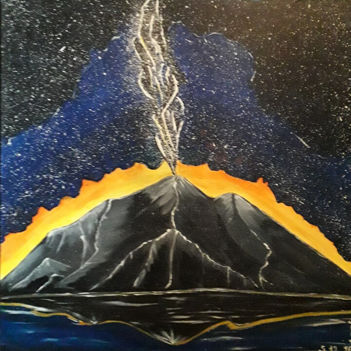 Painting titled "volcan en sommeil" by Iakim, Original Artwork, Acrylic Mounted on Wood Stretcher frame