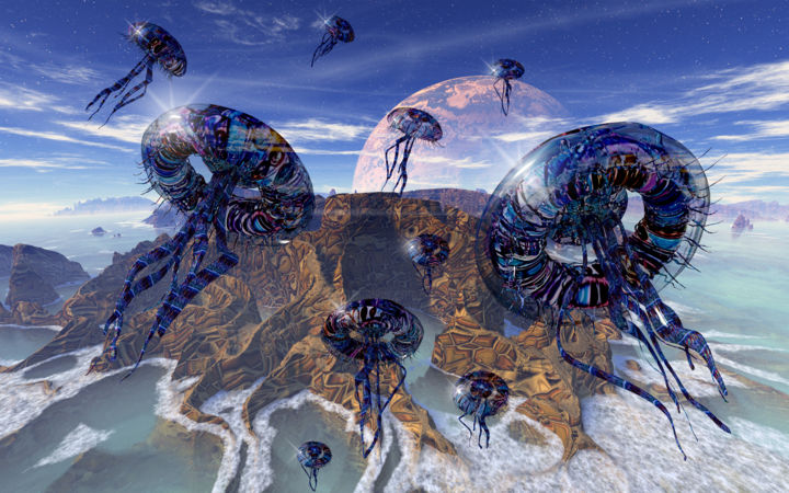 Digital Arts titled "Flight of Jellyfish" by Rikkihop, Original Artwork, 3D Modeling