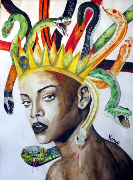 Картина под названием "Королева змей" - Яна Венедчук, Подлинное произведение искусства, Акварель