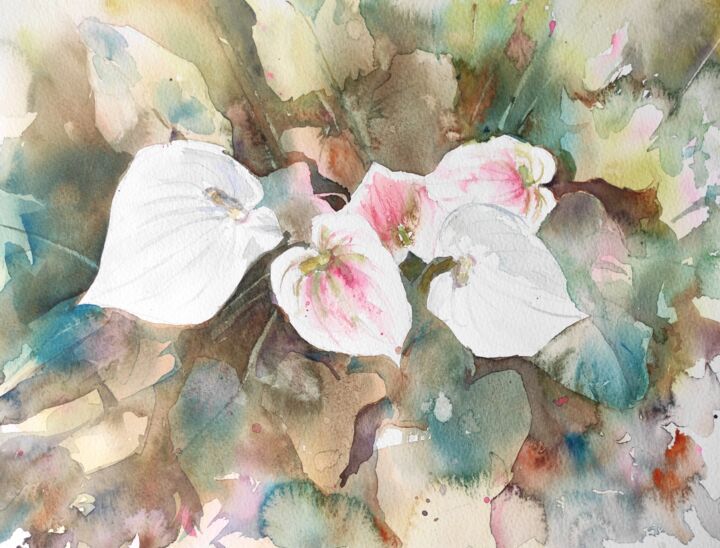 Painting titled "Calla Lilies II." by Ibolya Taligas, Original Artwork, Watercolor