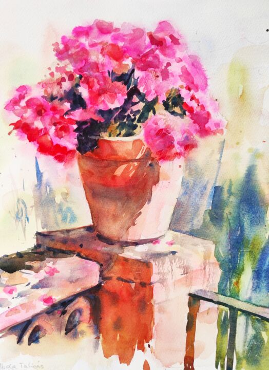 Pintura intitulada "Pink Flowers" por Ibolya Taligas, Obras de arte originais, Aquarela
