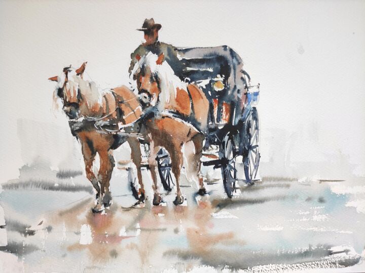 Painting titled "Horse-drawn carriage" by Ibolya Taligas, Original Artwork, Watercolor