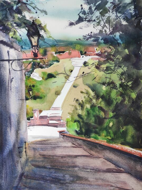 Painting titled "Castle Hill View" by Ibolya Taligas, Original Artwork, Watercolor