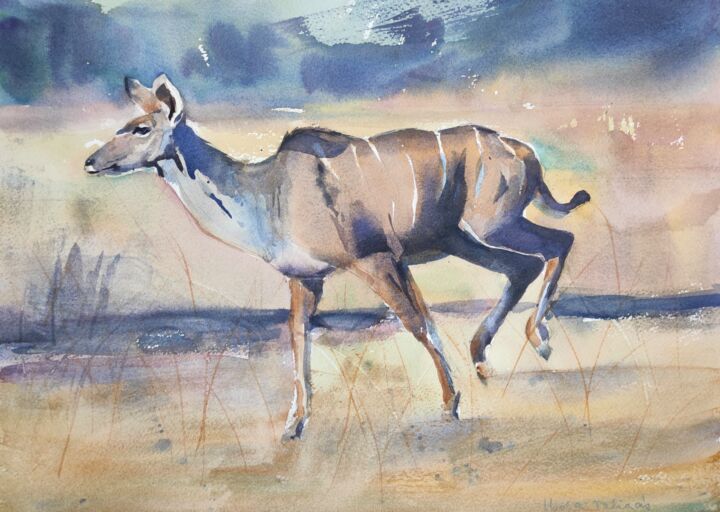 Painting titled "Running female kudu" by Ibolya Taligas, Original Artwork, Watercolor