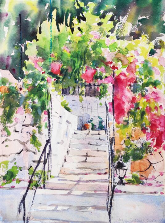 Painting titled "Stairway to Paradise" by Ibolya Taligas, Original Artwork, Watercolor