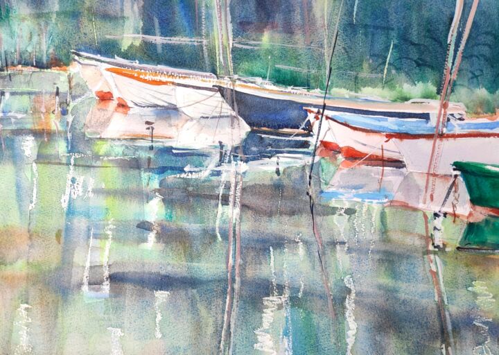 Painting titled "Dinghies on Lake Ba…" by Ibolya Taligas, Original Artwork, Watercolor