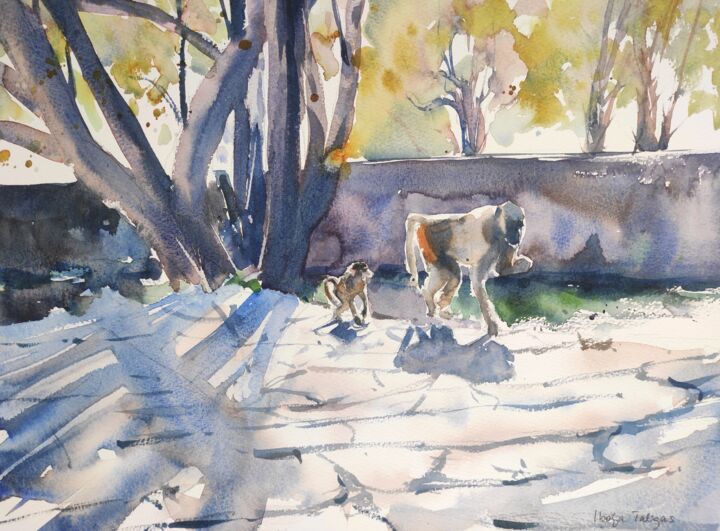 Painting titled "Baboon Walk" by Ibolya Taligas, Original Artwork, Watercolor