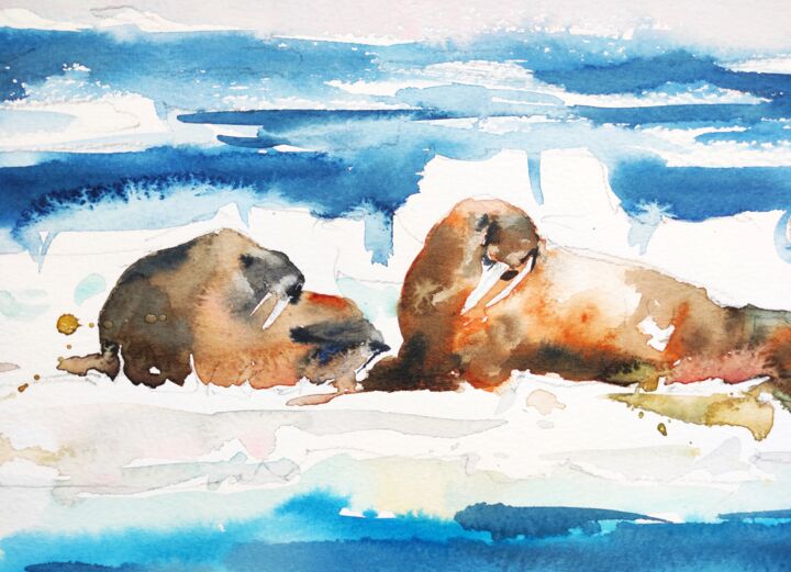 Painting titled "Walruses" by Ibolya Taligas, Original Artwork, Watercolor