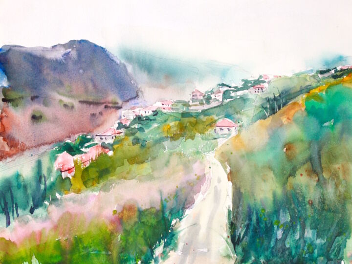 Malerei mit dem Titel "Hillside Village" von Ibolya Taligas, Original-Kunstwerk, Aquarell
