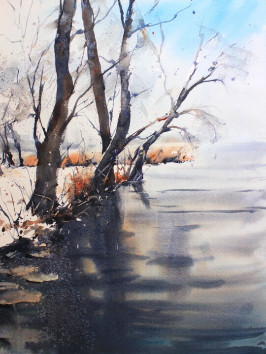 Ζωγραφική με τίτλο "Winter on the river…" από Ibolya Taligas, Αυθεντικά έργα τέχνης, Ακουαρέλα