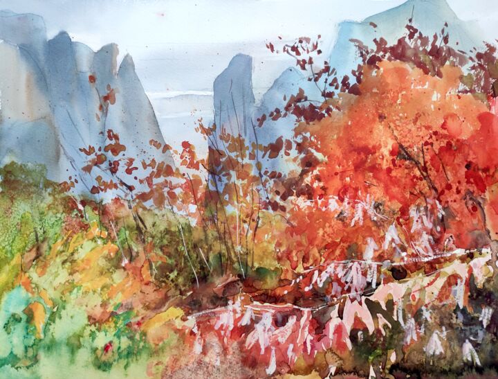 Malerei mit dem Titel "THE METEORA in Cent…" von Ibolya Taligas, Original-Kunstwerk, Aquarell