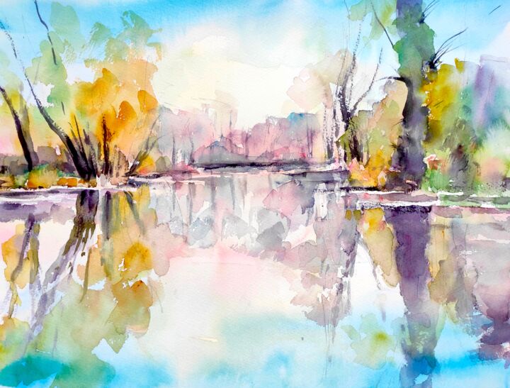 Painting titled "Danube Reflections…" by Ibolya Taligas, Original Artwork, Watercolor