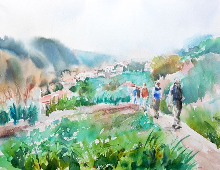 Pintura intitulada "MADEIRA HILLWALK" por Ibolya Taligas, Obras de arte originais, Aquarela