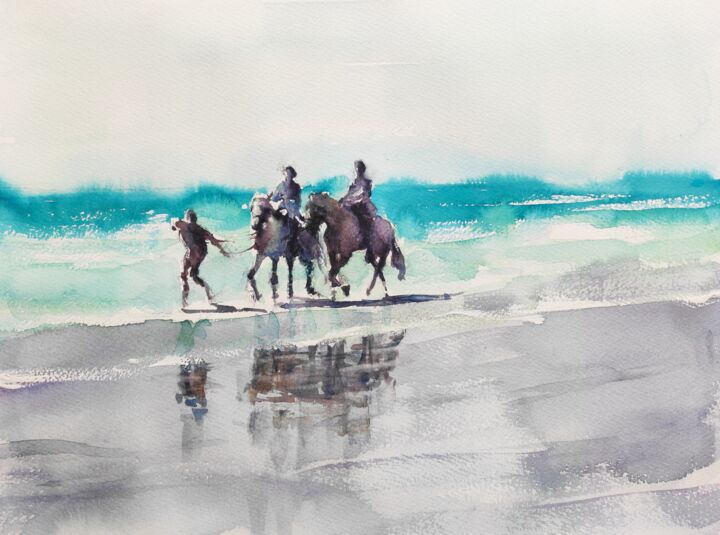 Pittura intitolato "HORSE RIDERS on the…" da Ibolya Taligas, Opera d'arte originale, Acquarello