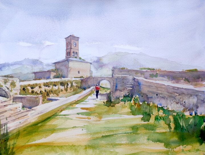 Painting titled "GJIROKASTRA FORTRESS" by Ibolya Taligas, Original Artwork, Watercolor