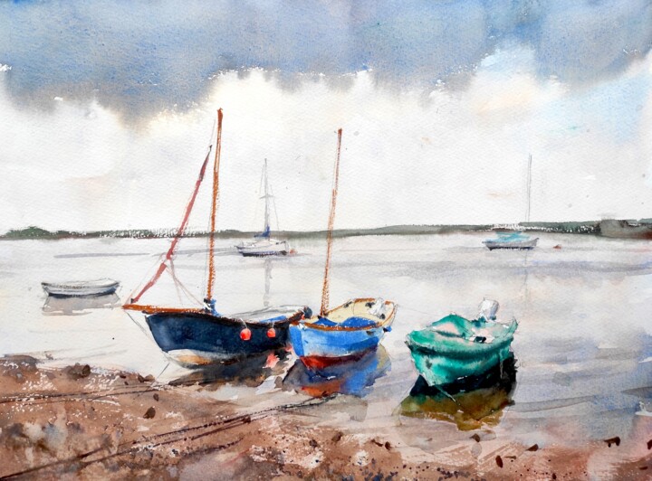 Painting titled "Boats on the North…" by Ibolya Taligas, Original Artwork, Watercolor
