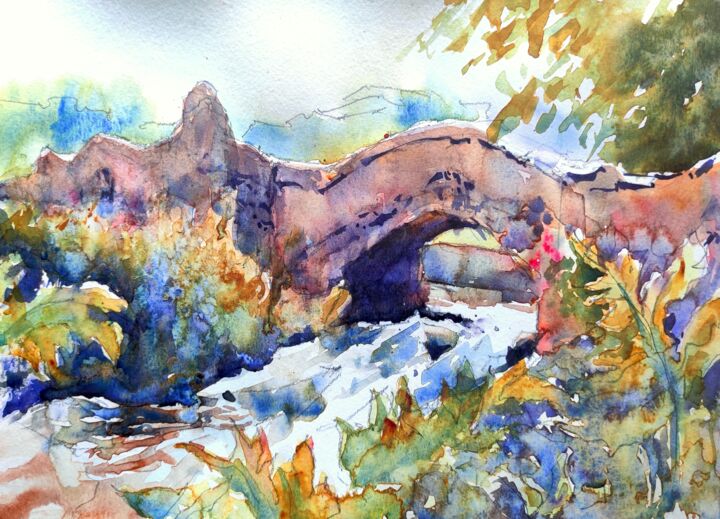 Painting titled "Stone Bridge in Dun…" by Ibolya Taligas, Original Artwork, Watercolor