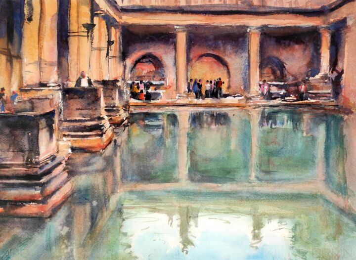 Painting titled "The Roman Baths in…" by Ibolya Taligas, Original Artwork, Watercolor