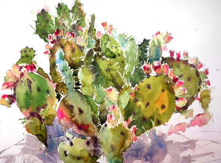 Pittura intitolato "Prickly pear cactus…" da Ibolya Taligas, Opera d'arte originale, Acquarello