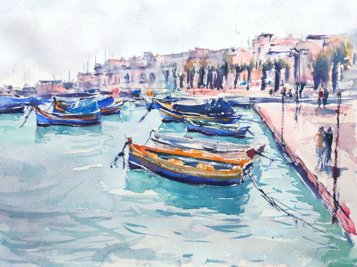 Painting titled "Marsaxlokk Harbour…" by Ibolya Taligas, Original Artwork, Watercolor