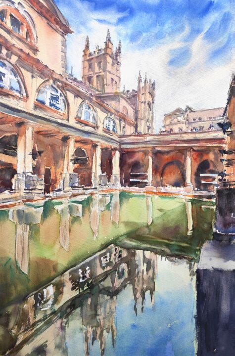 Painting titled "The Roman Baths in…" by Ibolya Taligas, Original Artwork, Watercolor