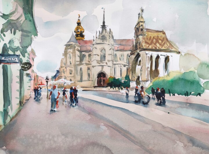 Painting titled "Kosice city centre,…" by Ibolya Taligas, Original Artwork, Watercolor