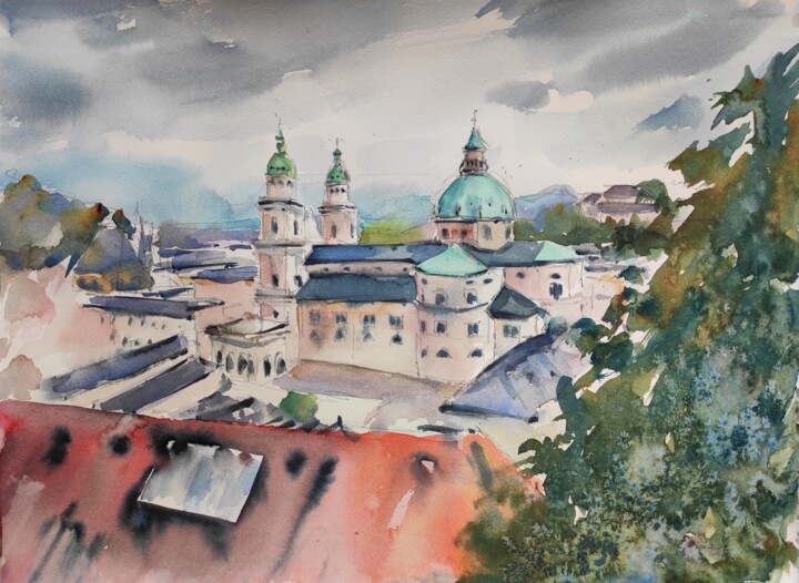 Painting titled "Salzburg Cathedral" by Ibolya Taligas, Original Artwork, Watercolor