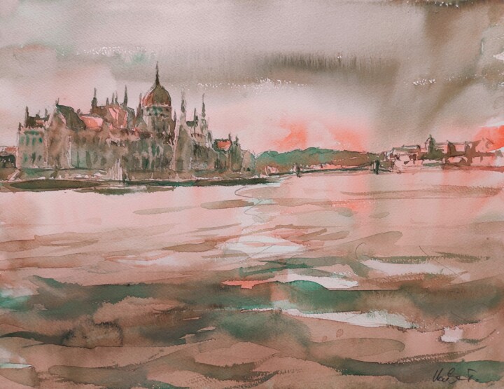 Painting titled "Budapest Parliament…" by Ibolya Taligas, Original Artwork, Watercolor