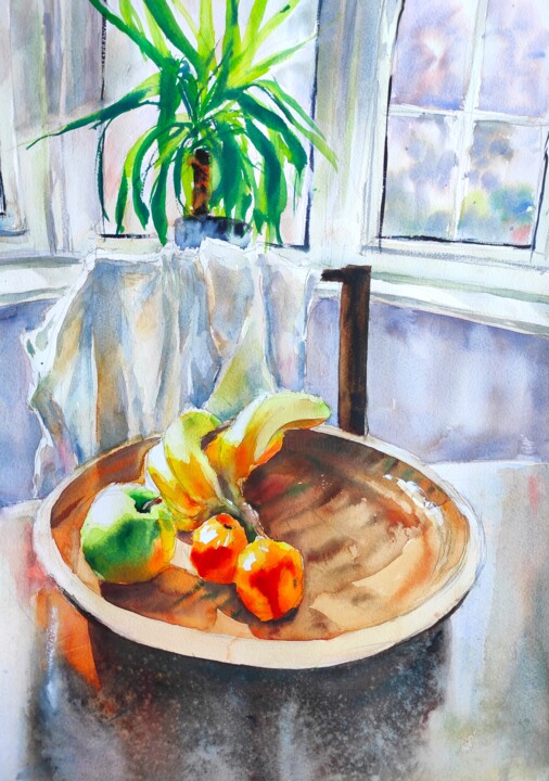 Painting titled "Fruit Bowl" by Ibolya Taligas, Original Artwork, Watercolor