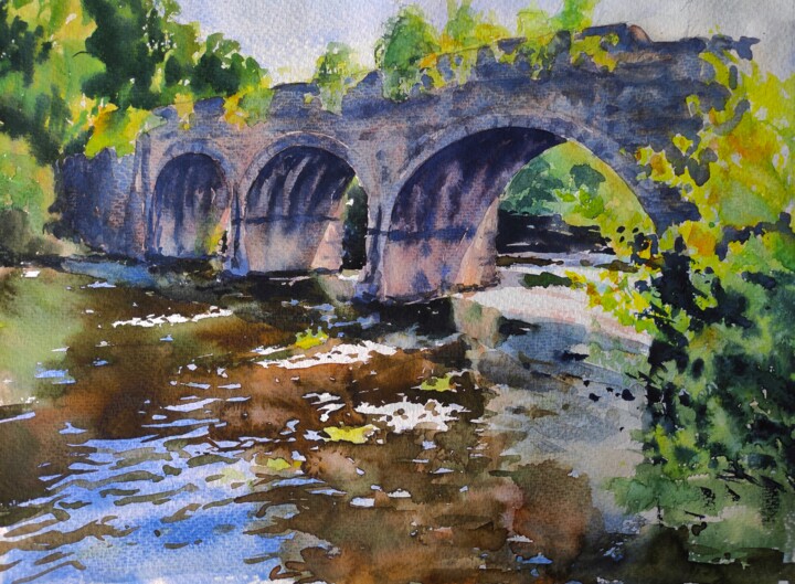 Painting titled "Aberdulais Bridge o…" by Ibolya Taligas, Original Artwork, Watercolor