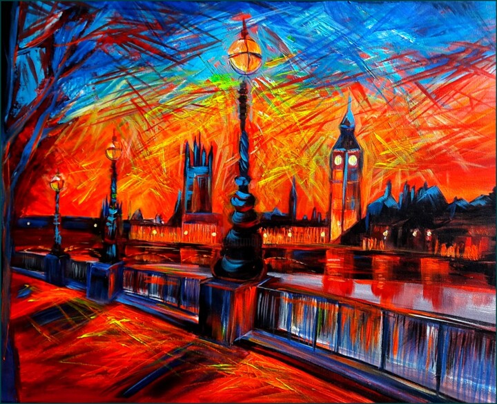 Painting titled "Good Evening London" by Ibolya Való, Original Artwork, Acrylic Mounted on Wood Stretcher frame