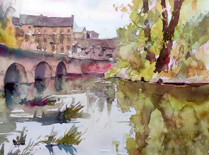 Painting titled "Bradford-on-Avon to…" by Ibolya Taligas, Original Art, Watercolor