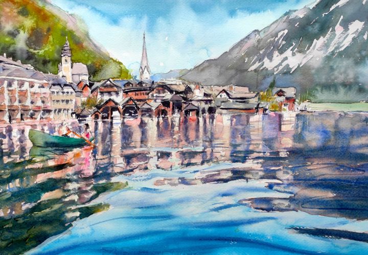 Painting titled "Hallstatt, Austria" by Ibolya Taligas, Original Art, Watercolor