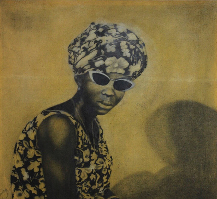 Malerei mit dem Titel "Mujer con gafas" von Ibrahim Marong, Original-Kunstwerk, Kohle Auf Keilrahmen aus Holz montiert