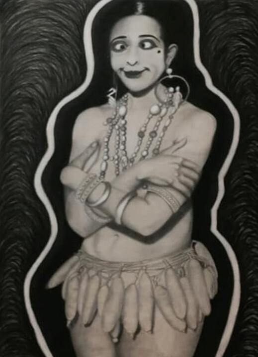 Painting titled "Josephine Baker" by Ibrahim Marong, Original Artwork, Charcoal Mounted on Wood Stretcher frame