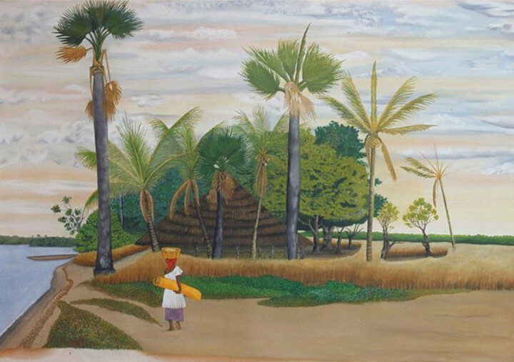 Painting titled "Kunkó" by Ibrahim Marong, Original Artwork, Oil Mounted on Wood Stretcher frame