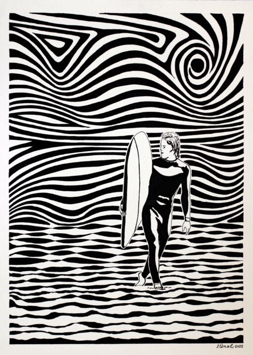 Dessin intitulée "Men Surfing 2" par Ibrahim Unal, Œuvre d'art originale, Marqueur